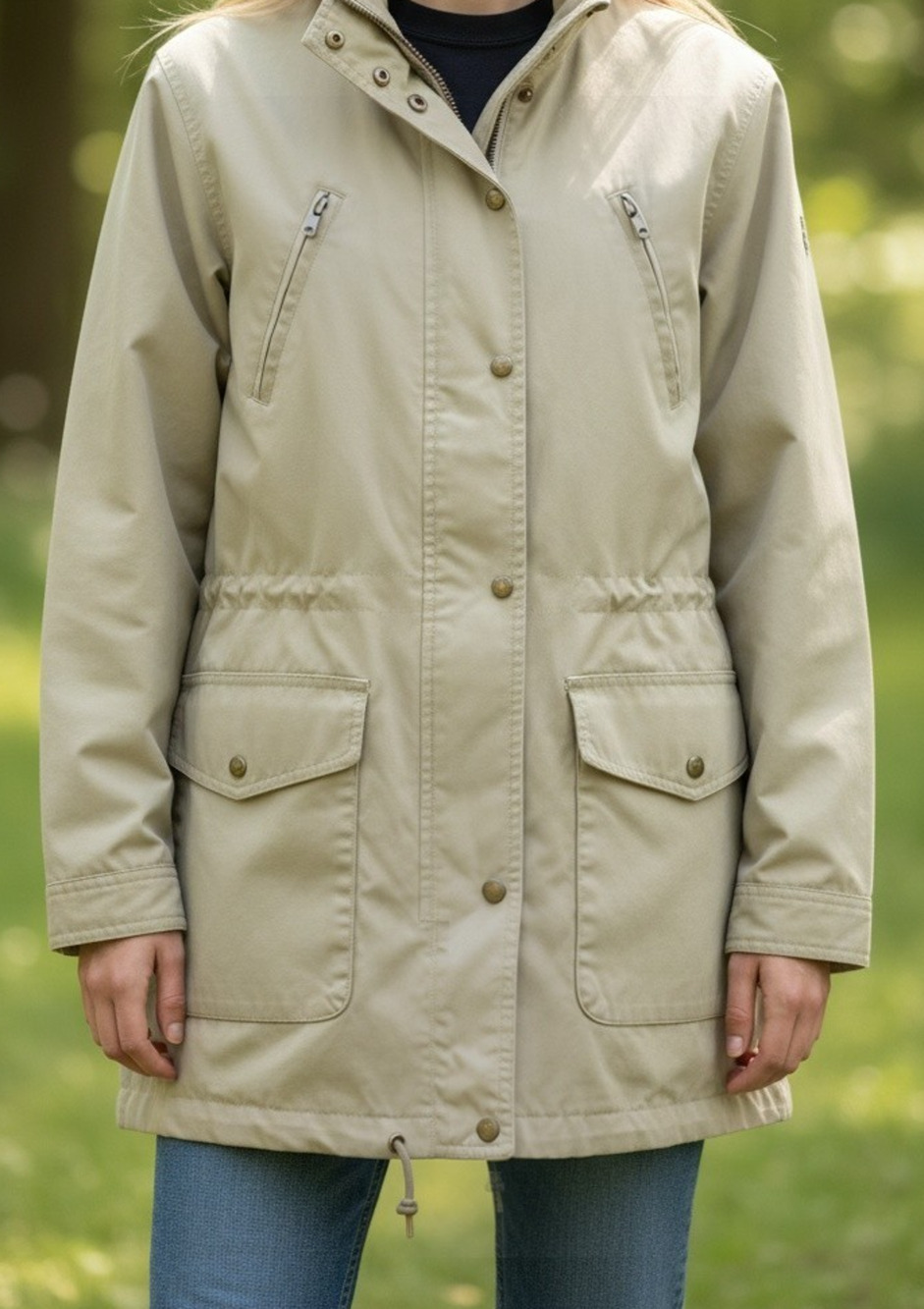 Eddie Bauer Women's Tan Mid-Length Parka Overcoat Medium Full Zip Snap Front